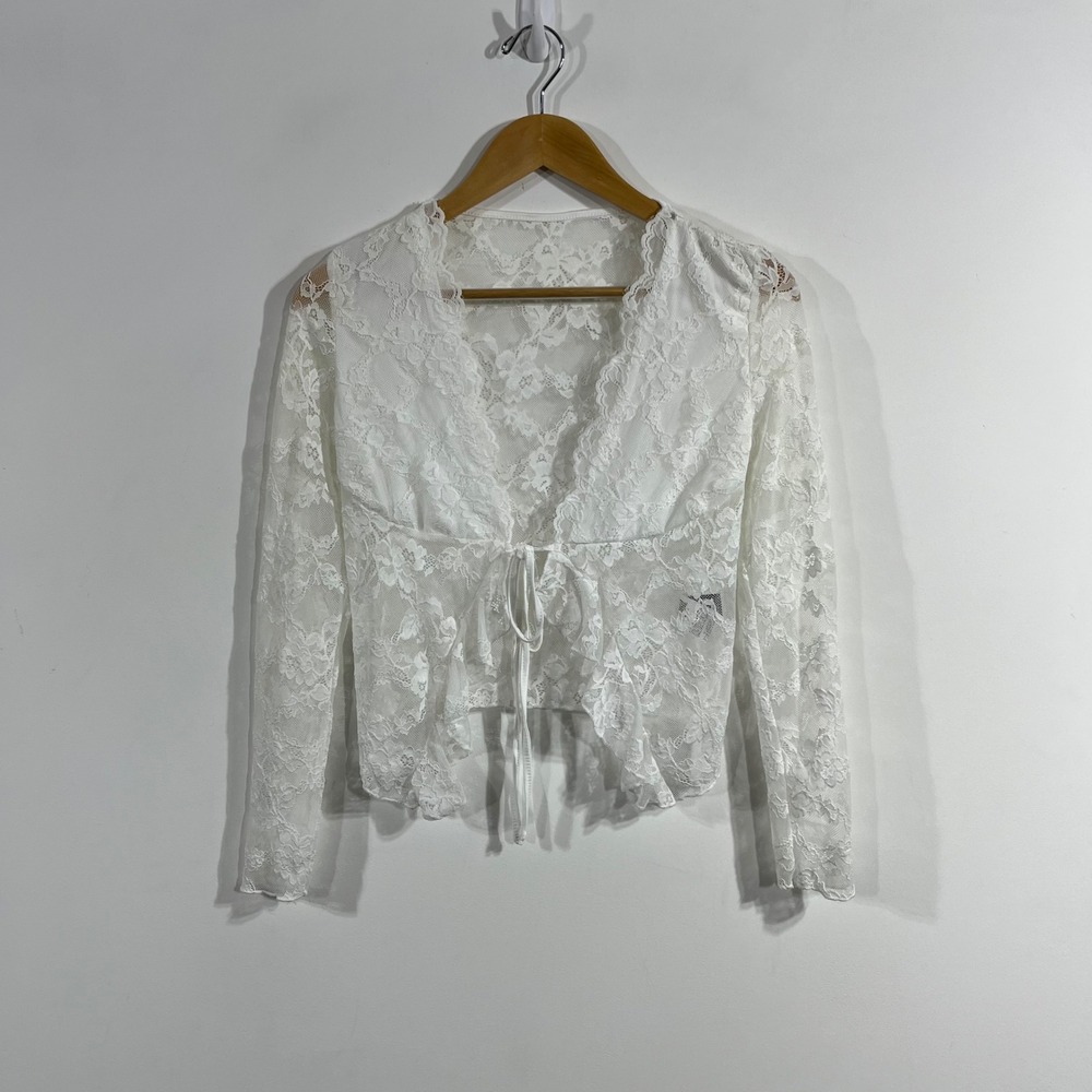 Womens Dainty Babydoll Floral Lace Tie Front Cardigan Sheer Ethereal Top Small